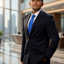 Rohan Shirur stands in the lobby of a building wearing suit and bright, blue tie.